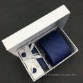 Solid Navy Silk Jacquard Grosgrain Neck Tie Cufflink Hanky Set with Gift Box